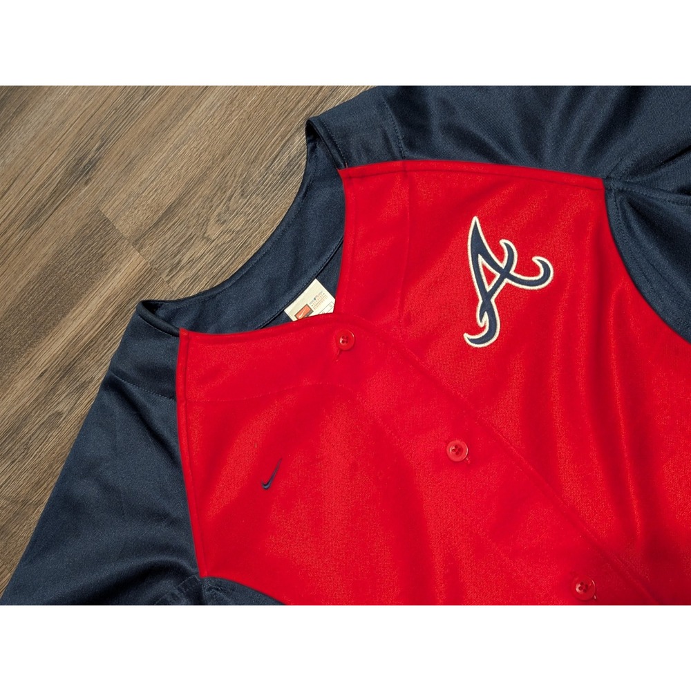 Nike Atlanta Braves MLB‎ Youth Jersey Large 12-14 Navy Blue Red Button Front